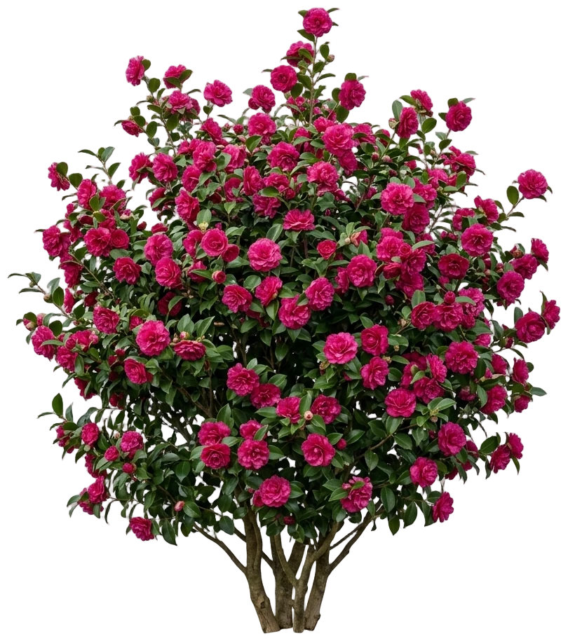 Autumn Spirit Camellia (Camellia 'Autumn Spirit') - pink flowers, illustrated plant card