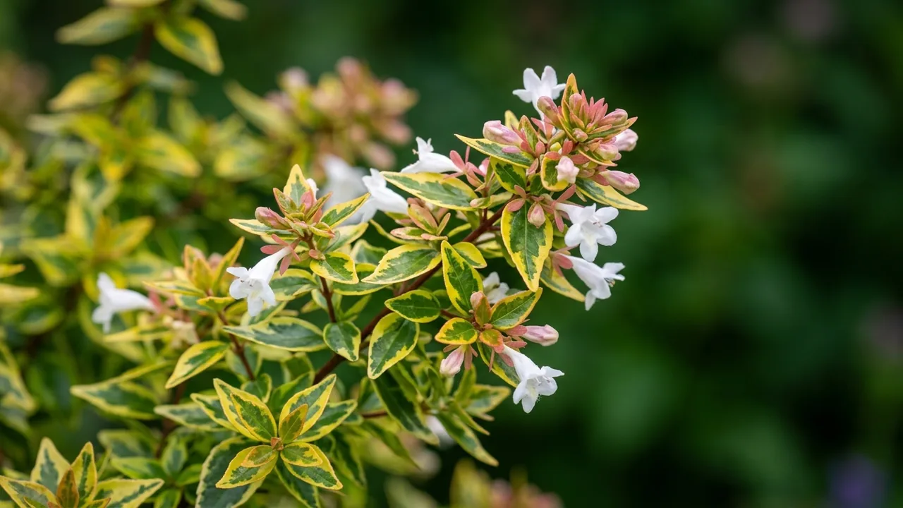 Kaleidoscope Abelia (Abelia × grandiflora 'Kaleidoscope') - white flowers, illustrated plant card