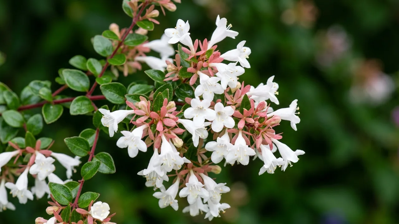 Rose Creek Abelia (Abelia × grandiflora 'Rose Creek') - white flowers, illustrated plant card