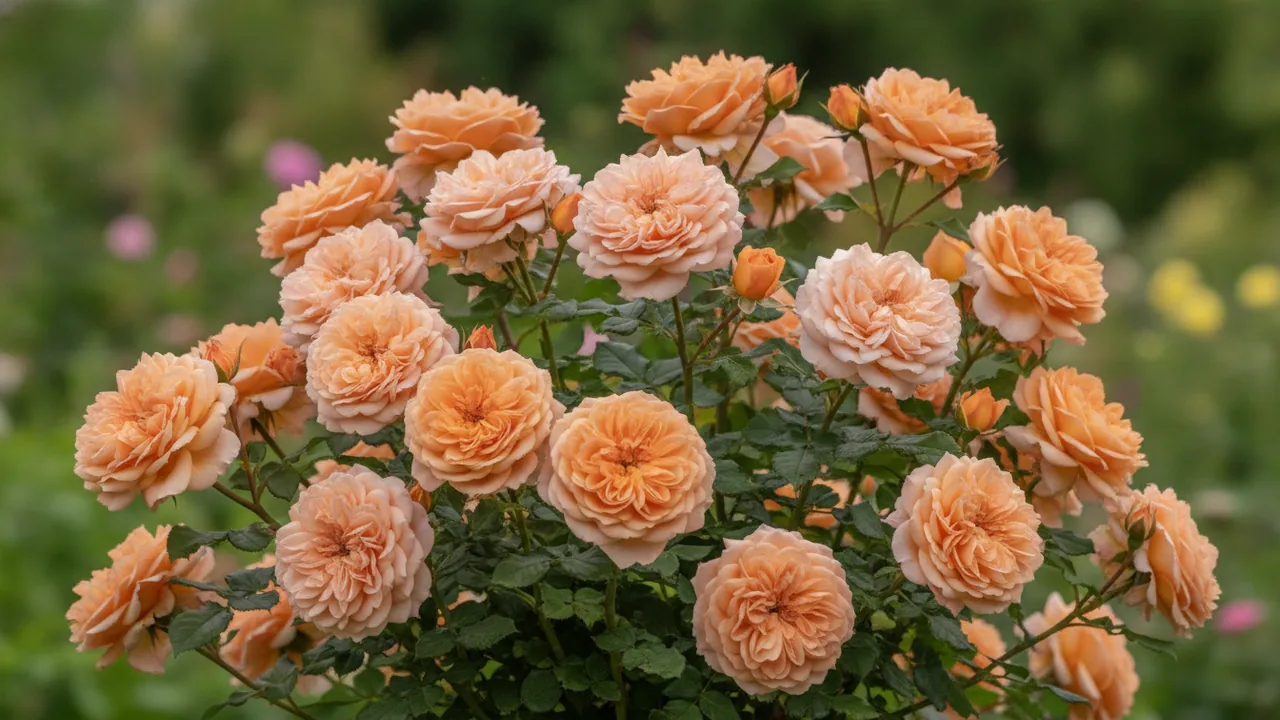 Abraham Darby (Rosa 'Auscot') - pink flowers, illustrated plant card