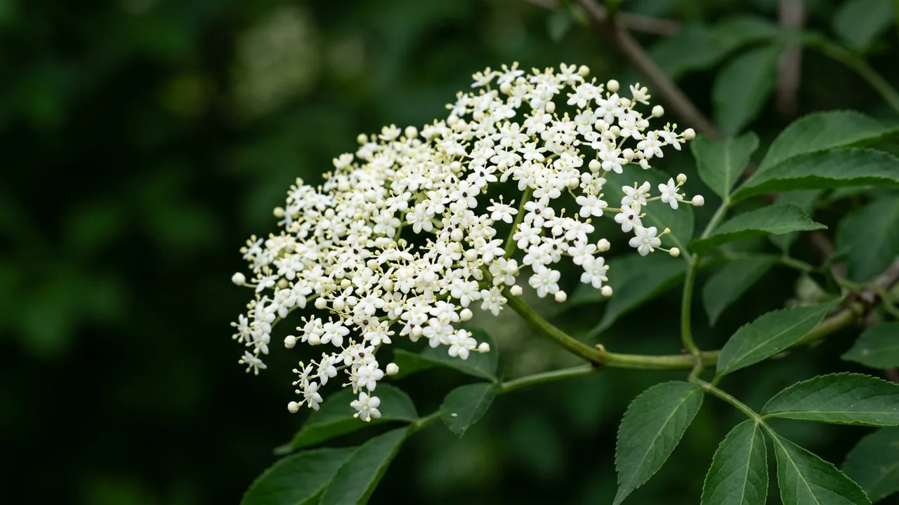 Adams Elderberry (Sambucus canadensis 'Adams') - white flowers, illustrated plant card