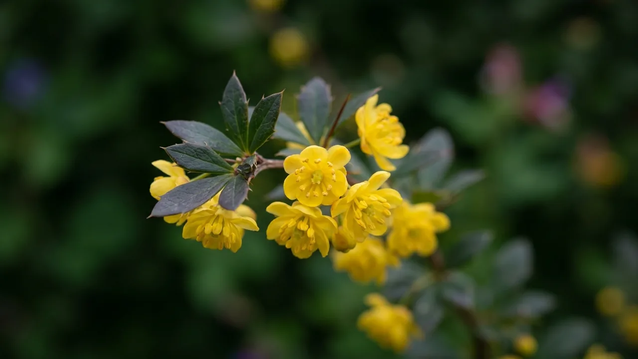 Agarita (Berberis trifoliolata) - yellow flowers, illustrated plant card