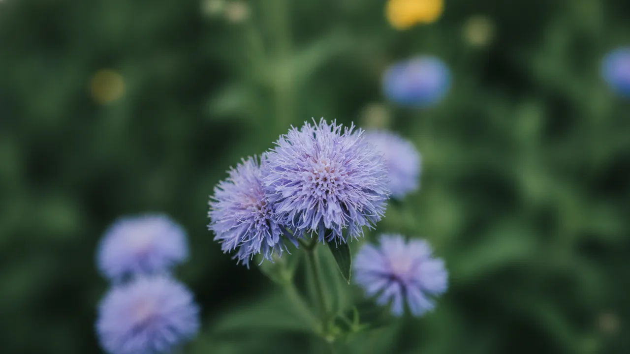 Purple Ageratum (Ageratum houstonianum) - purple flowers, illustrated plant card