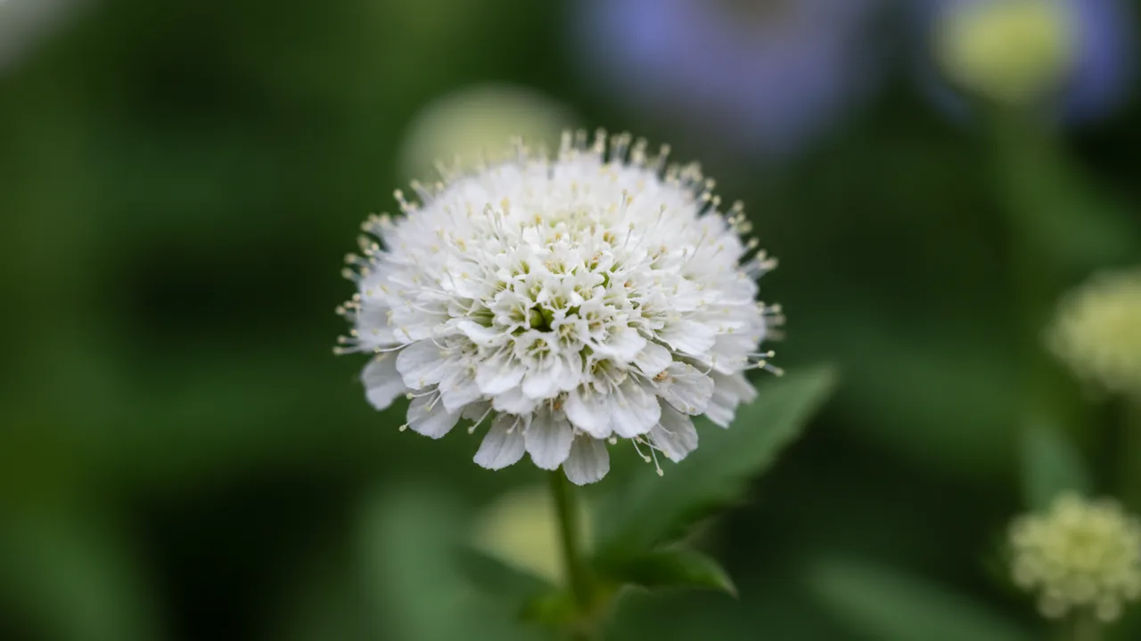 White Ageratum (Ageratum houstonianum) - white flowers, illustrated plant card