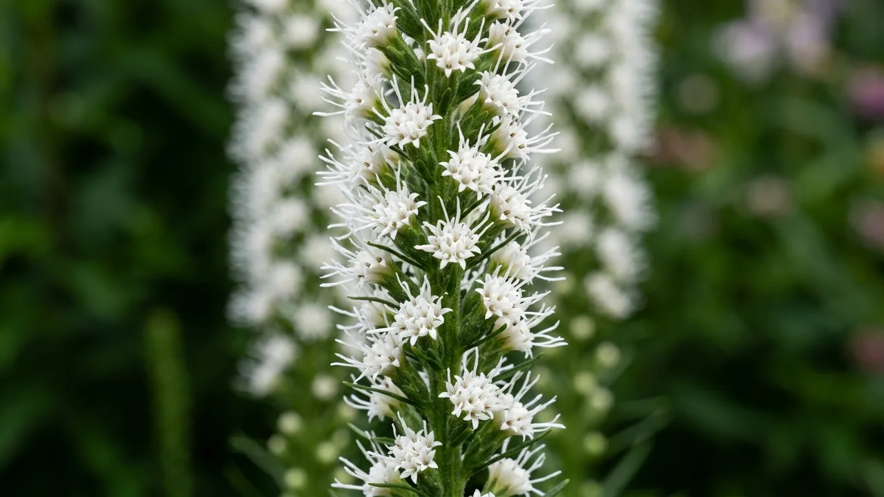 Alba Gayfeather (Liatris spicata 'Alba') - white flowers, illustrated plant card