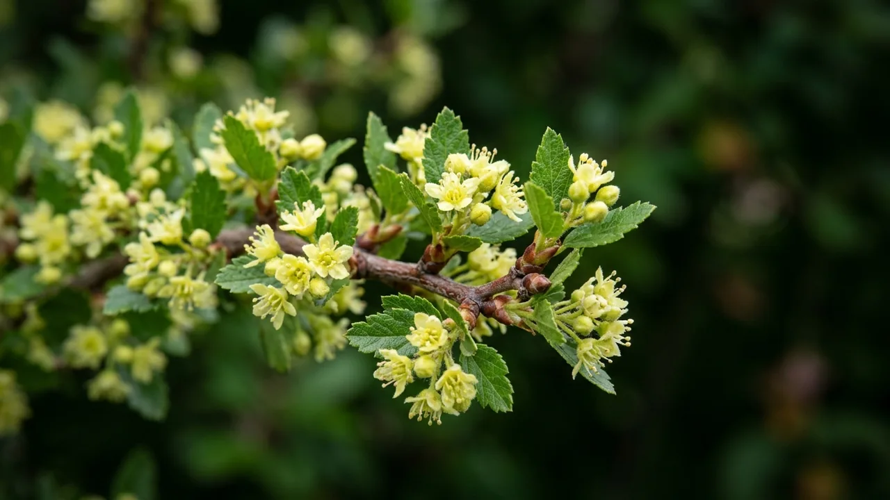 Alderleaf Mountain Mahogany (Cercocarpus montanus) - yellow flowers, illustrated plant card