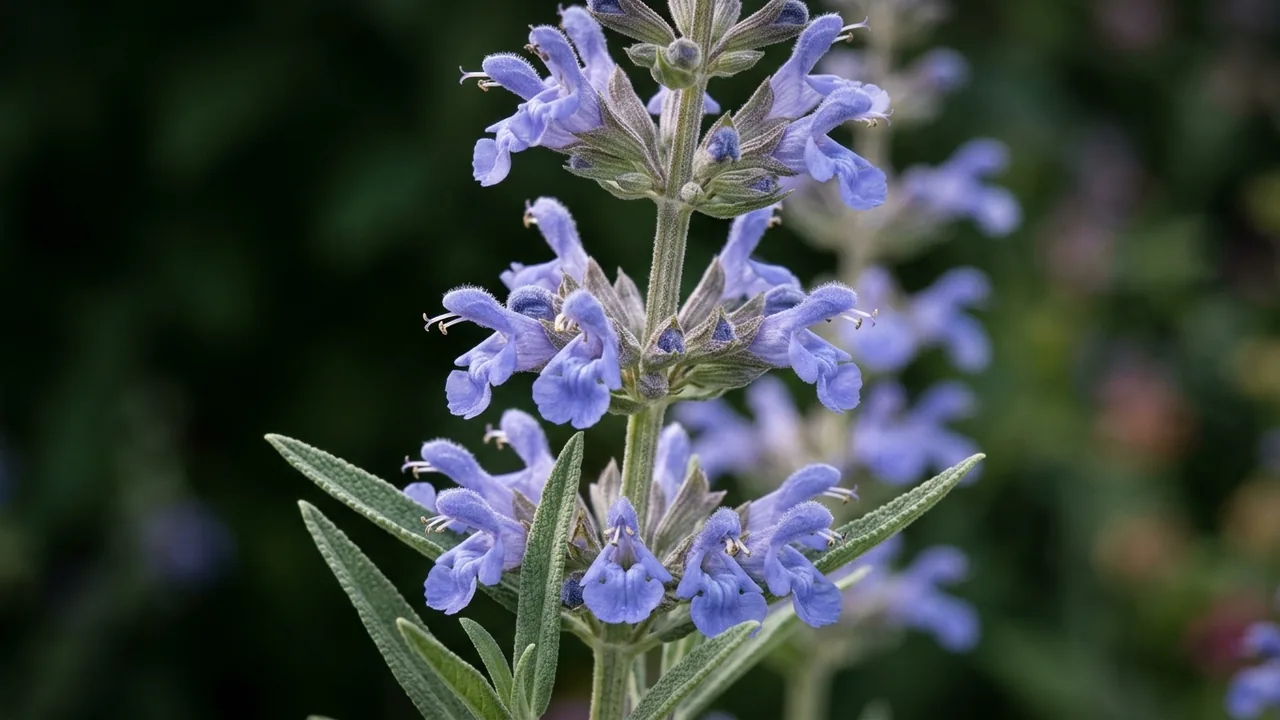 Allen Chickering Sage (Salvia 'Allen Chickering') - purple flowers, illustrated plant card