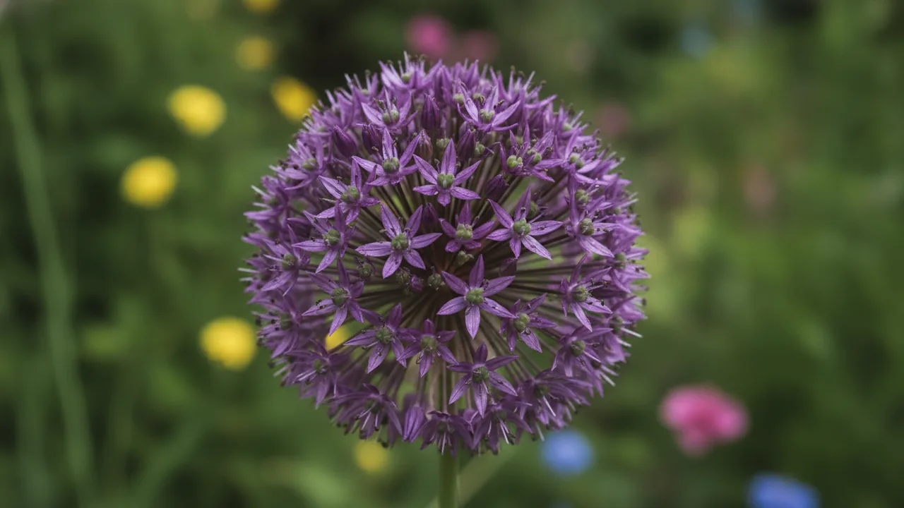 Star of Persia (Allium cristophii) - purple flowers, illustrated plant card