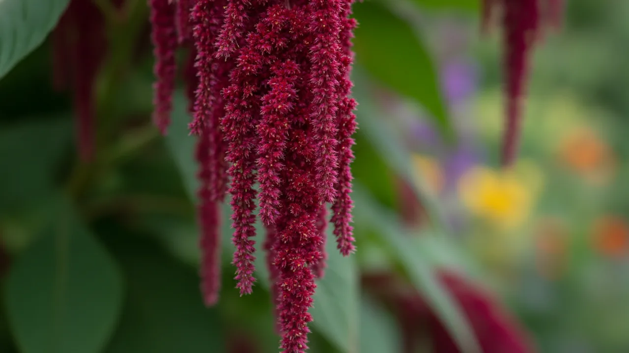 Love-Lies-Bleeding (Amaranthus caudatus) - red flowers, illustrated plant card