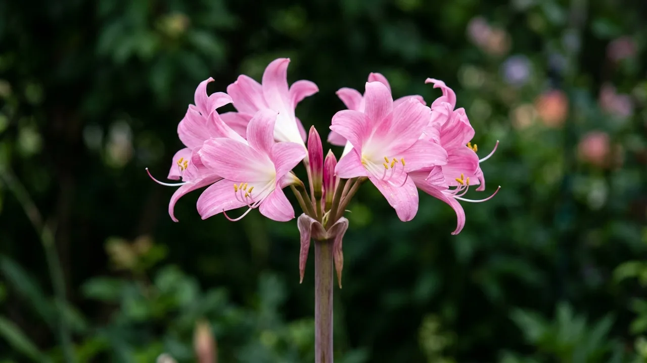 Amaryllis Belladonna (Amaryllis belladonna) - pink flowers, illustrated plant card