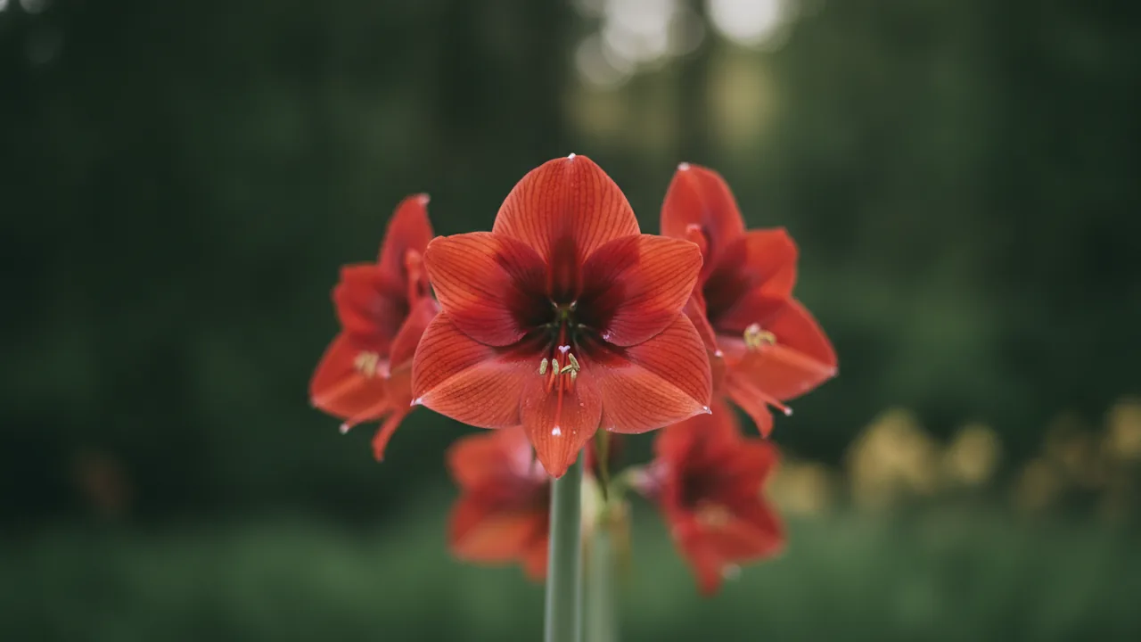 Red Lion (Hippeastrum 'Red Lion') - red flowers, illustrated plant card