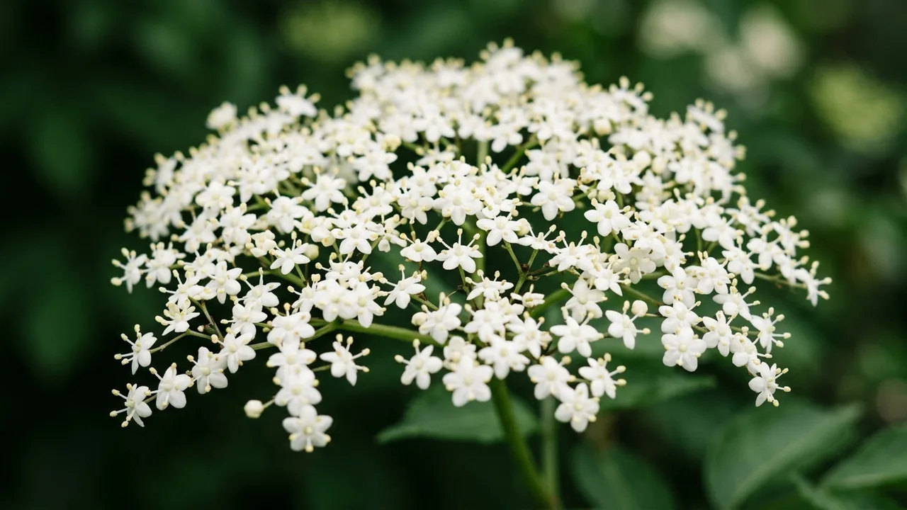 American Elderberry (Sambucus canadensis) - white flowers, illustrated plant card