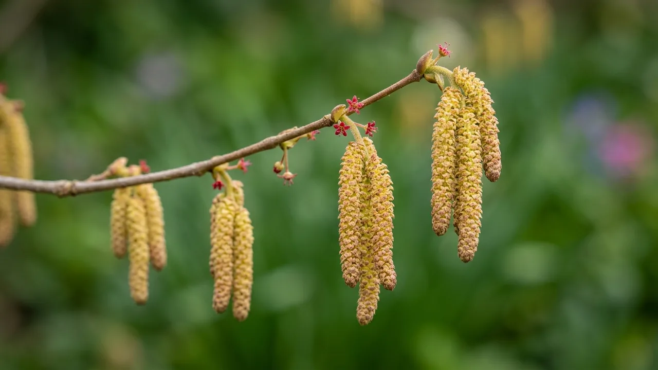 American Hazelnut (Corylus americana) - yellow flowers, illustrated plant card