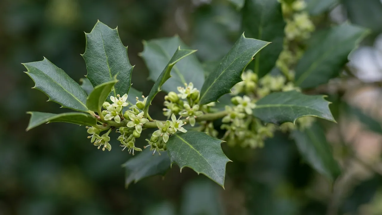 American Holly (Ilex opaca) - white flowers, illustrated plant card