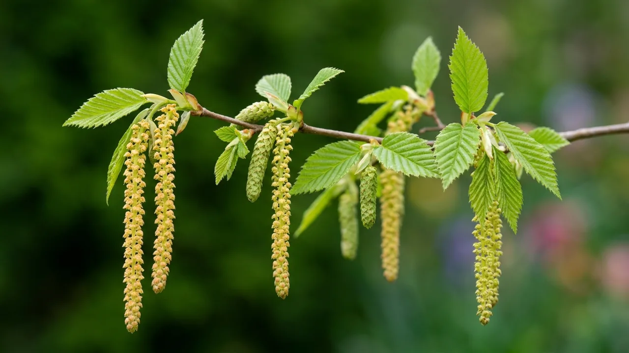 American Hophornbeam (Ostrya virginiana) - red flowers, illustrated plant card
