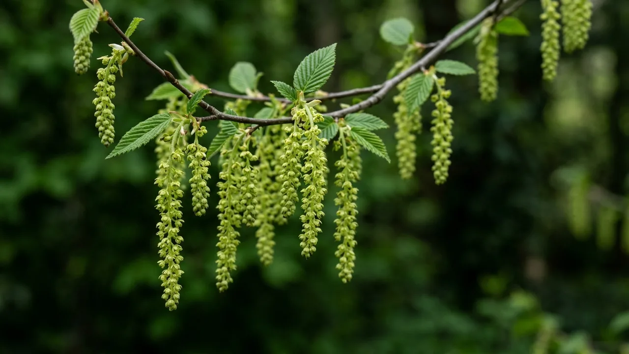 American Hornbeam (Carpinus caroliniana) - flowers, illustrated plant card