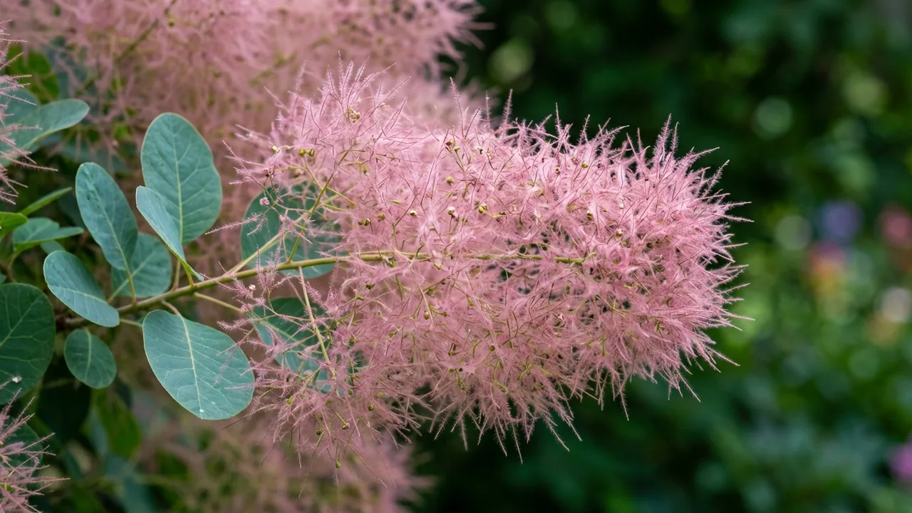 American Smoketree (Cotinus obovatus) - pink flowers, illustrated plant card