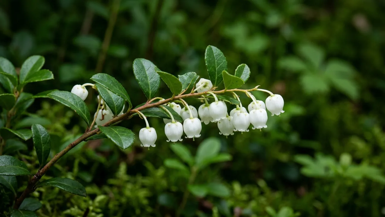American Wintergreen (Gaultheria procumbens) - white flowers, illustrated plant card