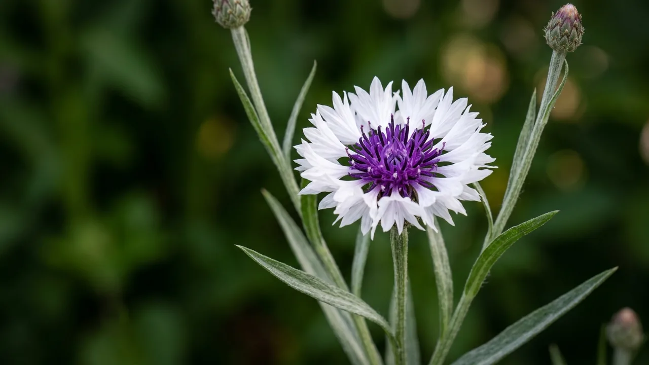 Amethyst in Snow Bachelor's Button (Centaurea montana 'Amethyst in Snow') - white flowers, illustrated plant card