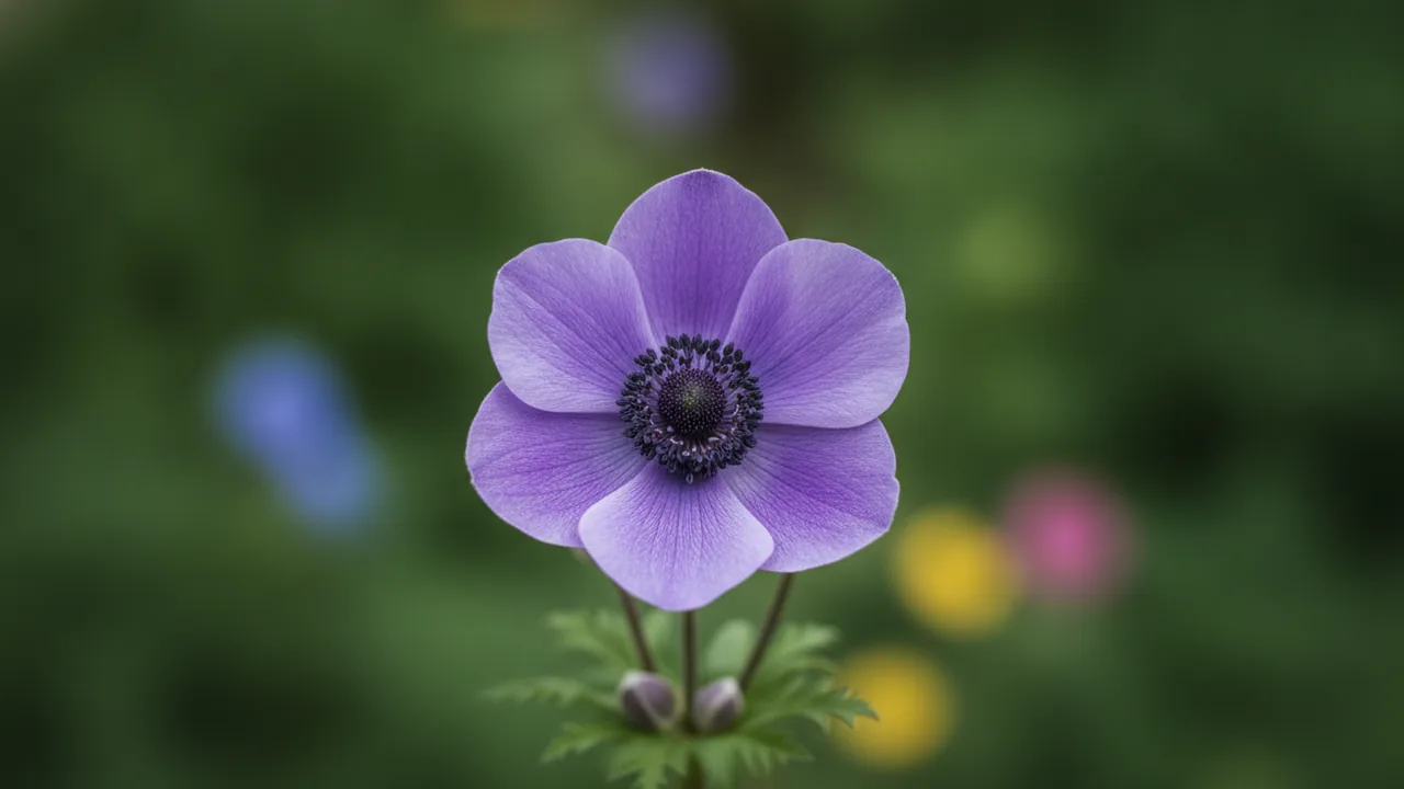 Admiral (Anemone coronaria 'Admiral') - purple flowers, illustrated plant card