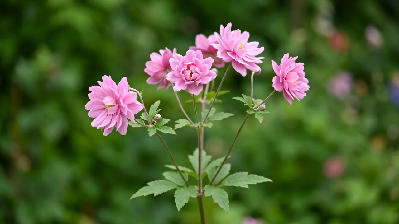 Fantasy Pocahontas Anemone (Anemone hupehensis 'Pocahontas') - pink flowers, illustrated plant card