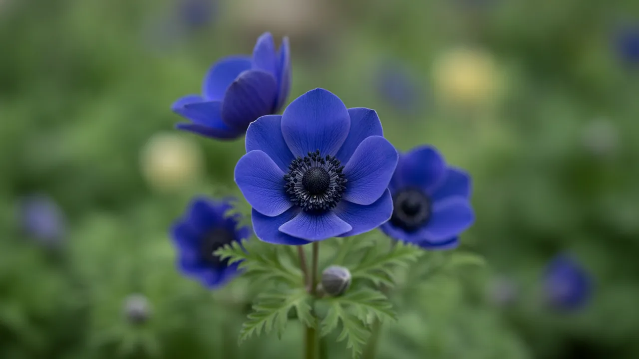 Lord Lieutenant (Anemone coronaria 'Lord Lieutenant') - blue flowers, illustrated plant card