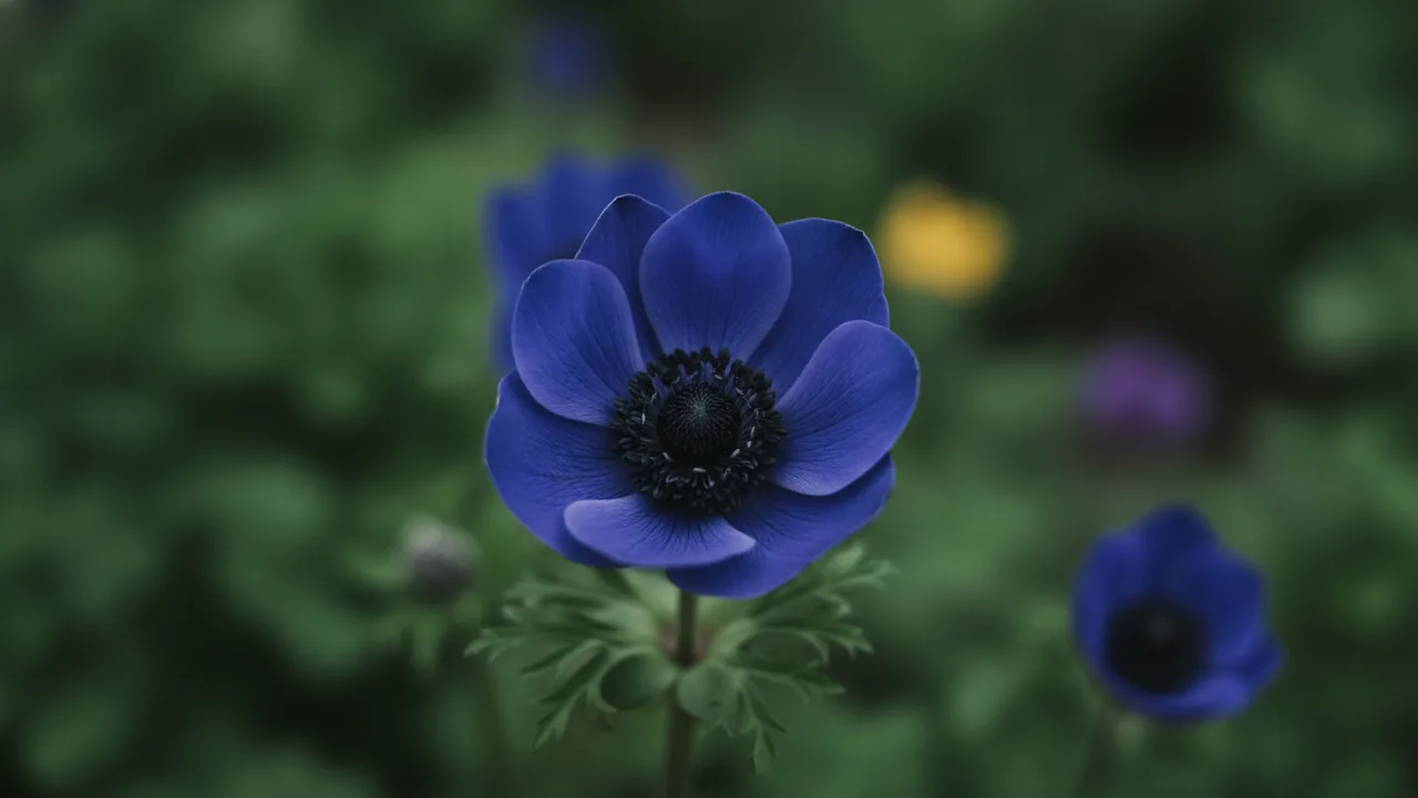 Mr. Fokker (Anemone coronaria 'Mr. Fokker') - blue flowers, illustrated plant card