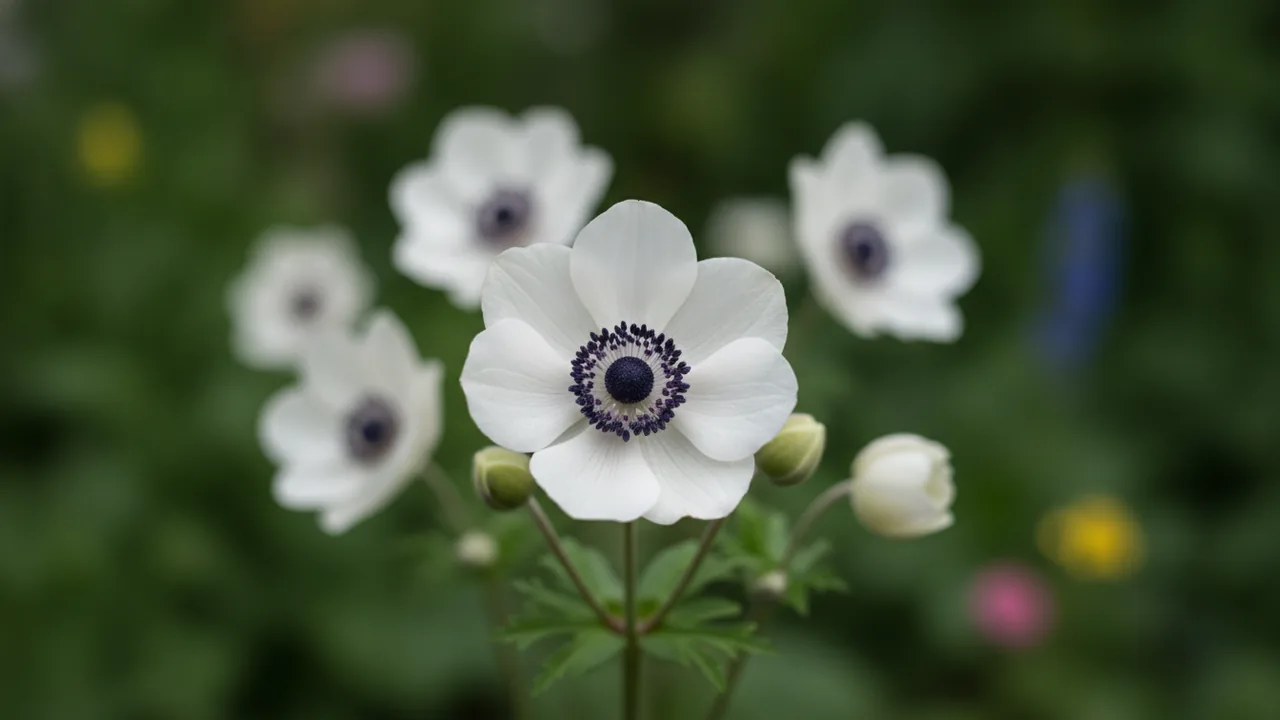 Mt. Everest (Anemone coronaria 'Mt. Everest') - white flowers, illustrated plant card