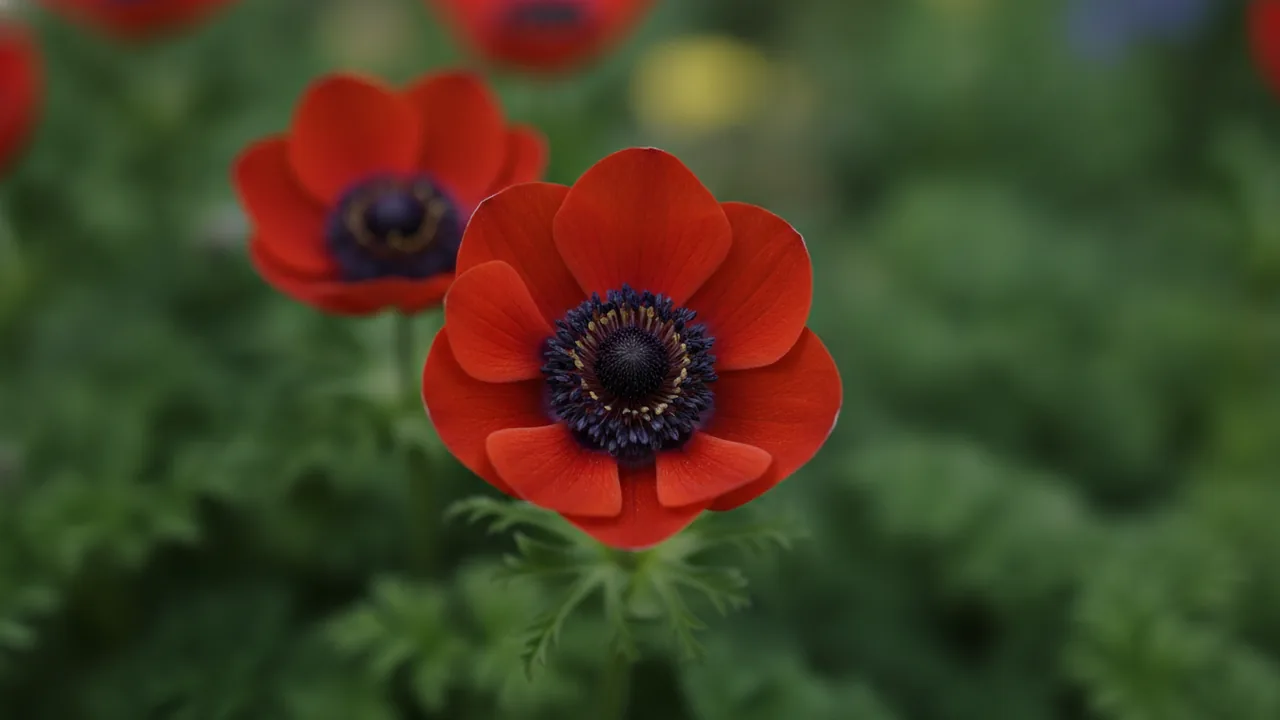 The Governor (Anemone coronaria 'The Governor') - red flowers, illustrated plant card