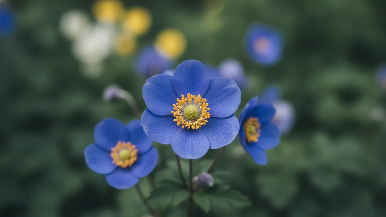 Poppy Anemone (Anemone coronaria) - purple flowers, illustrated plant card