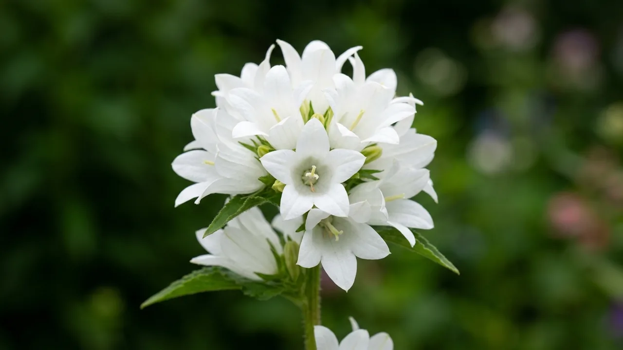 Angel Bells Clustered Bellflowers (Campanula glomerata 'Angel Bells') - white flowers, illustrated plant card