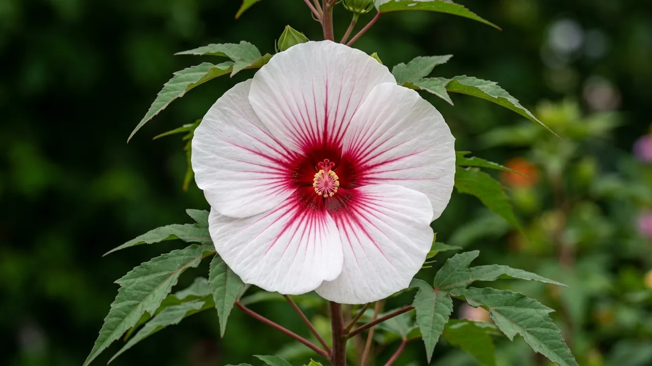 Angel Eyes Hibiscus (Hibiscus 'Angel Eyes') - white flowers, illustrated plant card