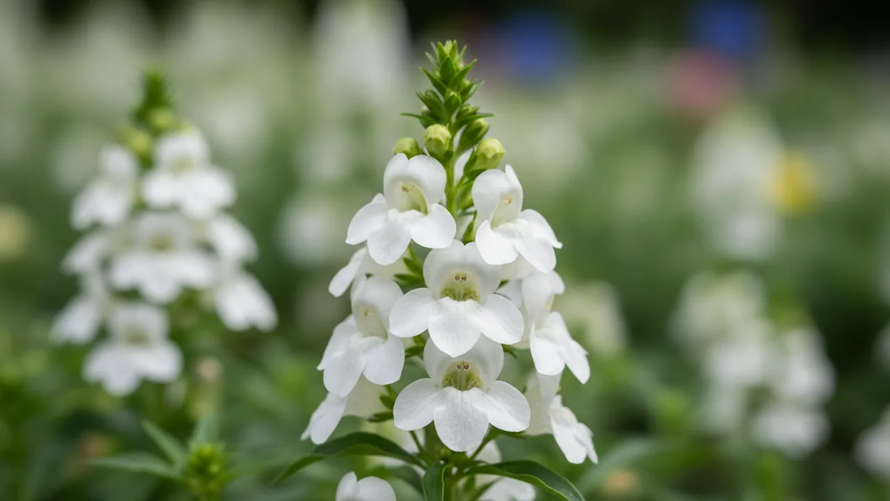 Serena White (Angelonia 'Serena White') - white flowers, illustrated plant card