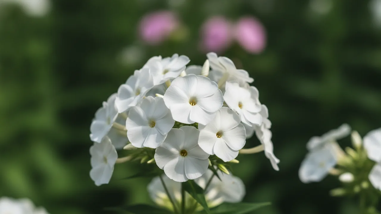 White Annual Phlox (Phlox drummondii) - white flowers, illustrated plant card