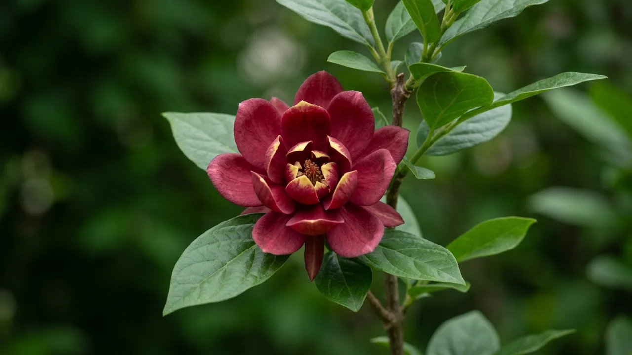 Aphrodite Sweetshrub (Calycanthus 'Aphrodite') - red flowers, illustrated plant card
