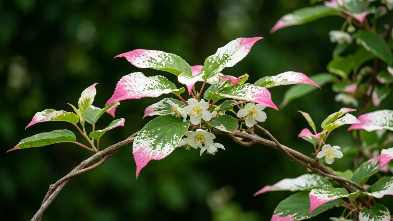 Arctic Beauty Hardy Kiwi (Actinidia kolomikta 'Arctic Beauty') - foliage plant, illustrated plant card