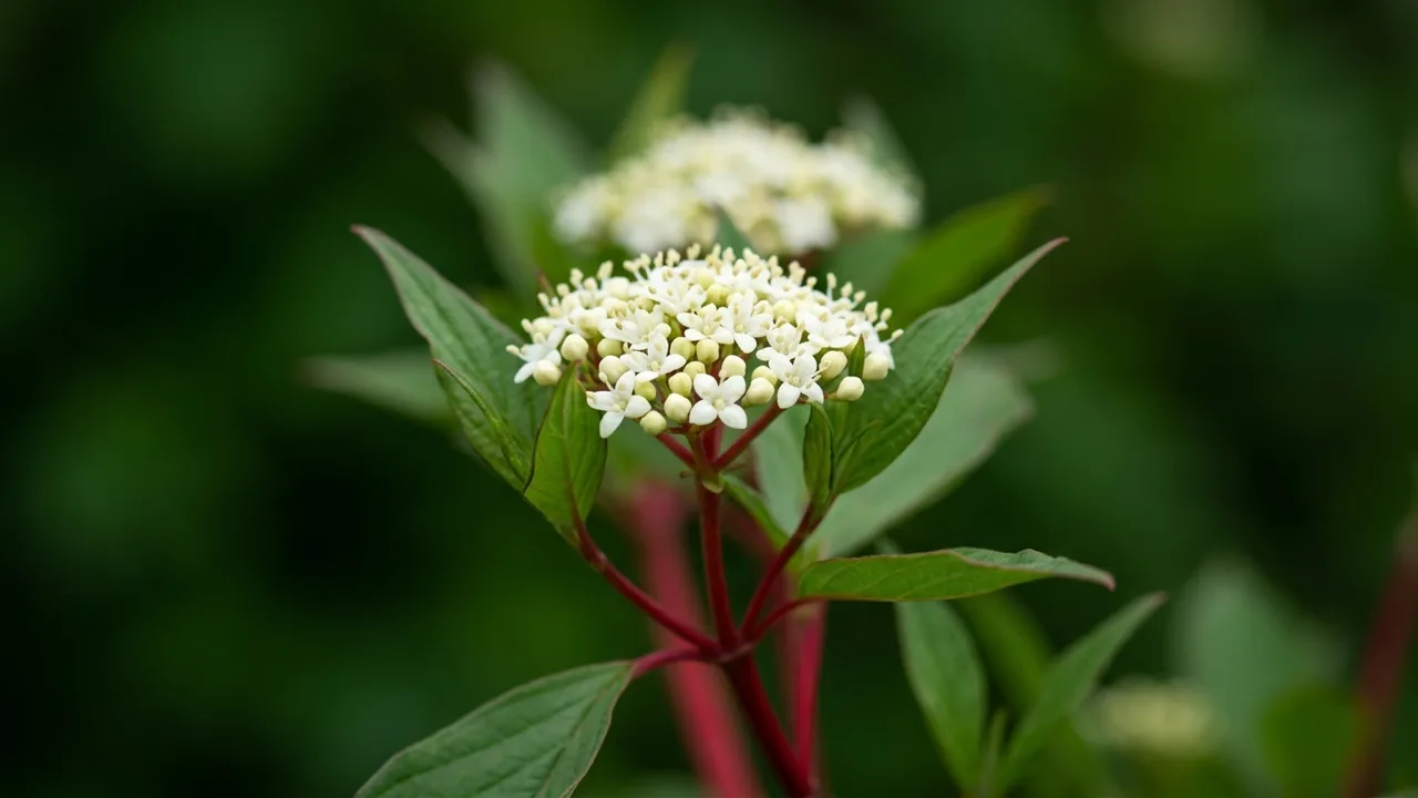 Arctic Fire Red Twig Dogwood (Cornus sericea 'Farrow') - white flowers, illustrated plant card