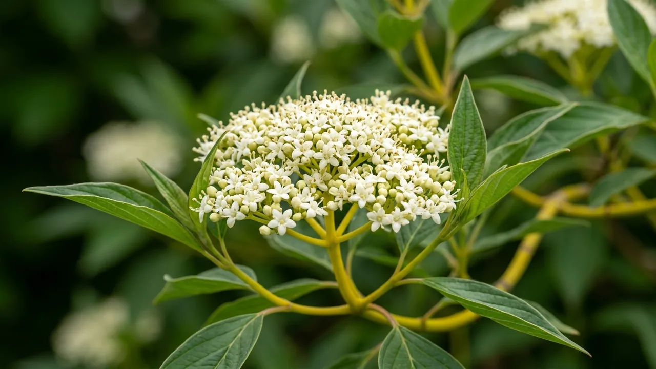 Arctic Fire Yellow Dogwood (Cornus sericea 'SMNCSBD') - white flowers, illustrated plant card
