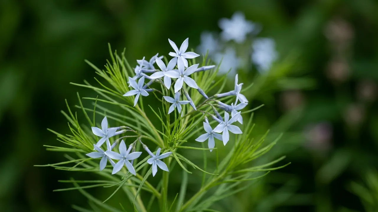 Arkansas Bluestar (Amsonia hubrichtii) - blue flowers, illustrated plant card
