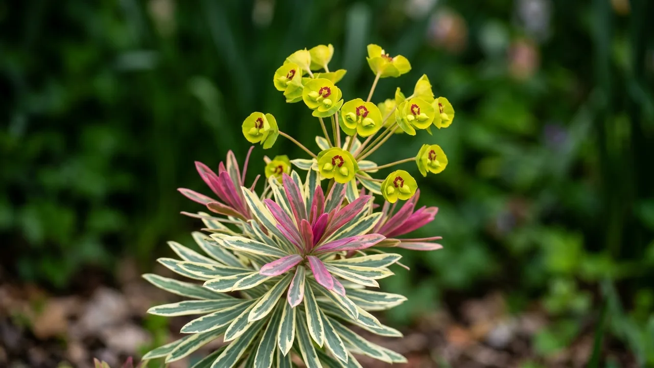Ascot Rainbow Spurge (Euphorbia × martini 'Ascot Rainbow') - foliage plant, illustrated plant card