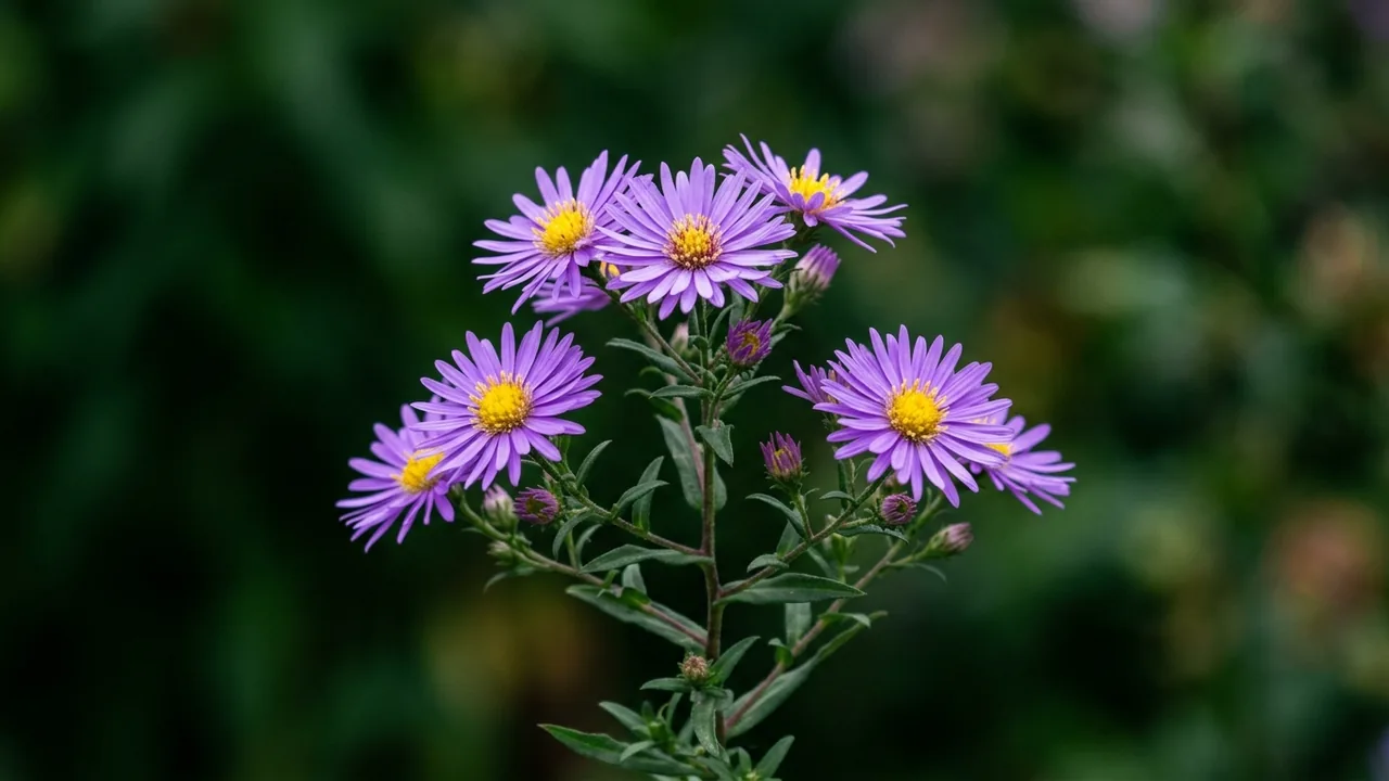 Aromatic Aster (Symphyotrichum oblongifolium) - purple flowers, illustrated plant card