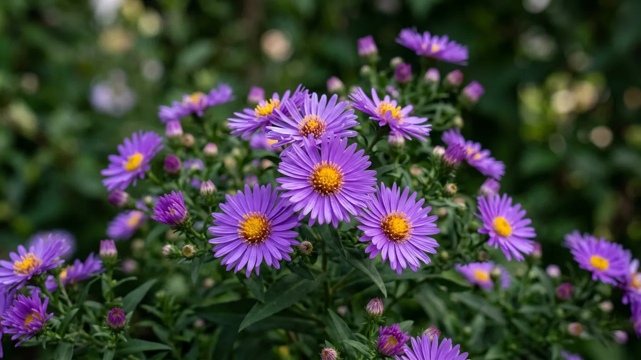 Believer Purple Aster (Symphyotrichum 'Yobeliever') - purple flowers, illustrated plant card