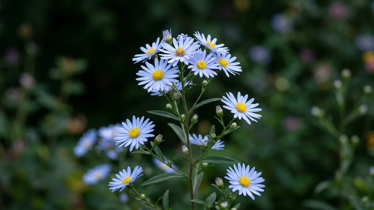 Blue Star Japanese Aster (Aster incisus 'Blue Star') - blue flowers, illustrated plant card