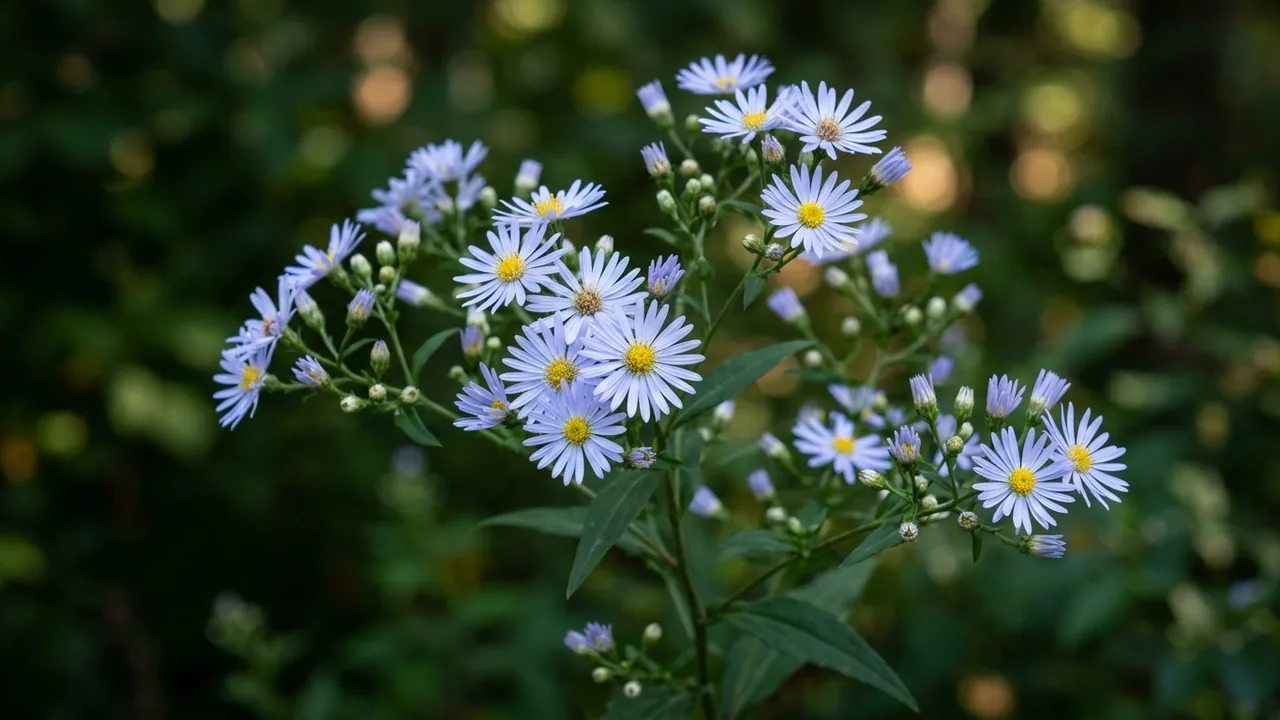 Blue Wood Aster (Symphyotrichum cordifolium) - blue flowers, illustrated plant card