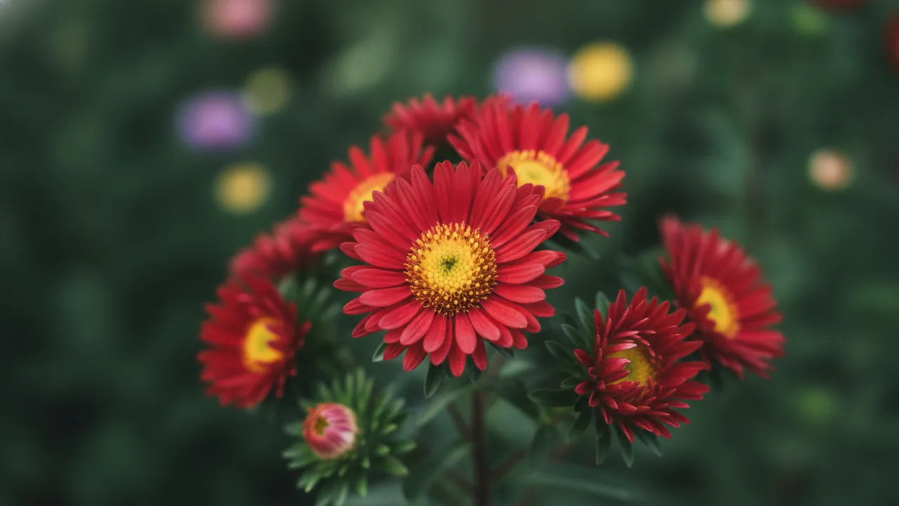 Kickin' Carmine Red (Symphyotrichum 'Kickin Carmine Red') - red flowers, illustrated plant card