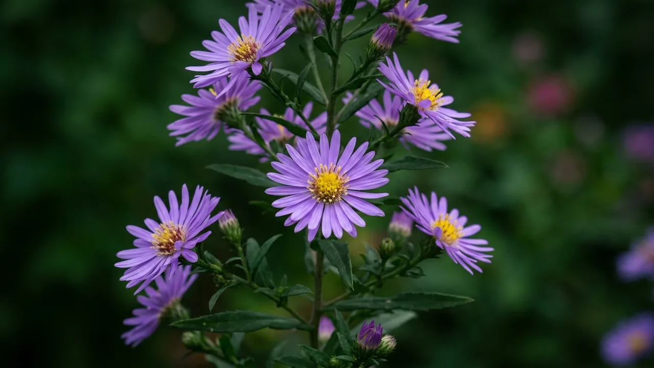 New York Aster (Symphyotrichum novi-belgii) - purple flowers, illustrated plant card