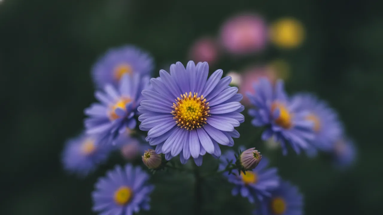 Professor Kippenberg (Symphyotrichum novi-belgii 'Professor Anton Kippenberg') - blue flowers, illustrated plant card