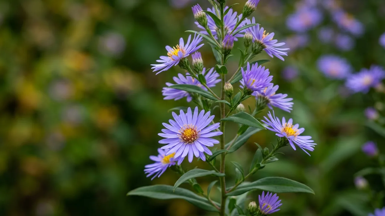 Smooth Blue Aster (Symphyotrichum laeve) - blue flowers, illustrated plant card