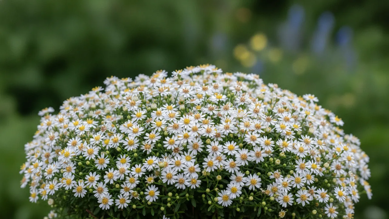 Snow Flurry (Symphyotrichum ericoides 'Snow Flurry') - white flowers, illustrated plant card