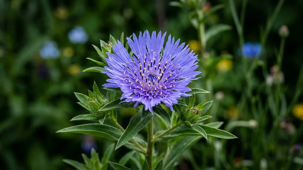 Stokes' Aster (Stokesia laevis) - blue flowers, illustrated plant card